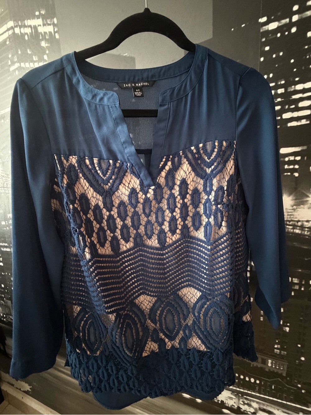 Zac & Rachel Teal-Blue Lace Front Women's Blouse